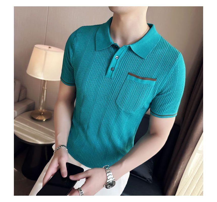 Short-Sleeve Contrast Trim Pointelle Polo Knit Top Product Image