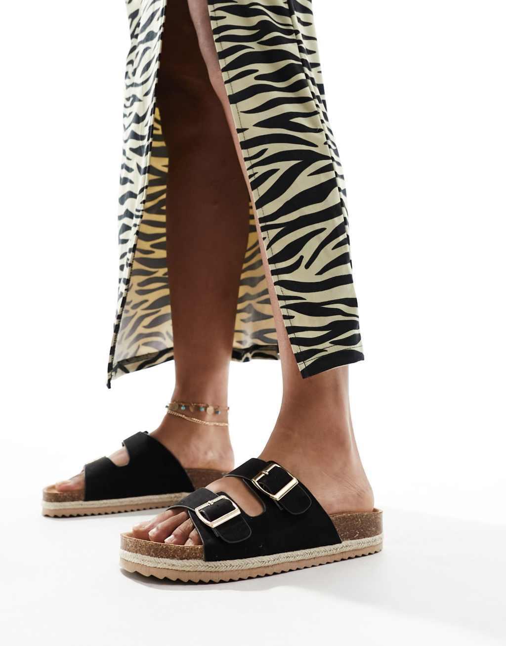 South Beach double buckle espadrille sandals in black textile Product Image