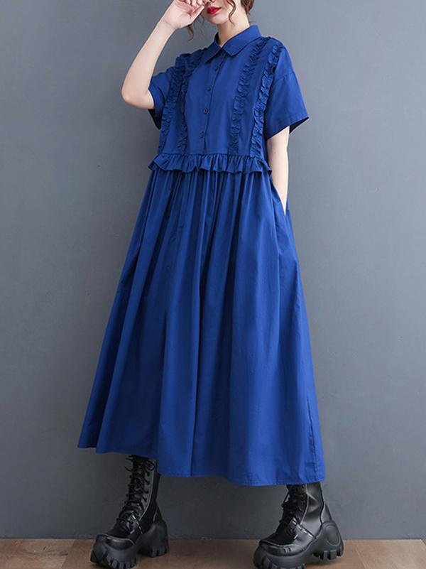 Simple Short Sleeves Loose Buttoned Falbala Split-Joint Solid Color Midi Shirt Dress Product Image