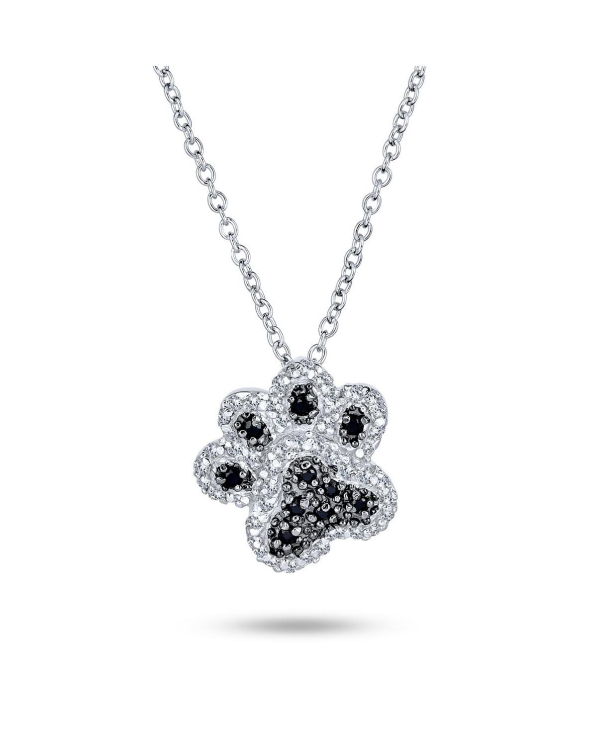 Black White Pave Cz Dog Cat Puppy Kitten Bff Pet Paw Print Pendant Necklace For Women Teen .925 Sterling Silver Product Image