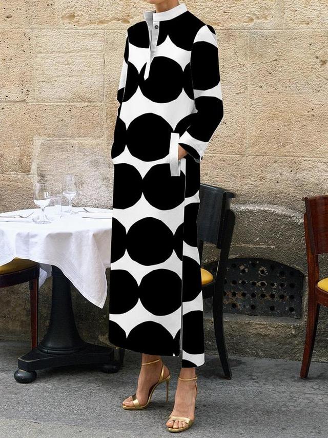 Long Sleeves Loose Polka-Dot Split-Side Stand Collar Midi Dresses Product Image