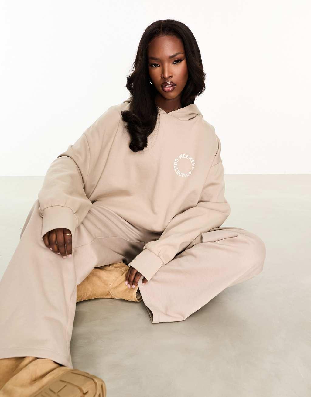 ASOS Weekend Collective oversized hoodie with back logo in camel - part of a set Product Image