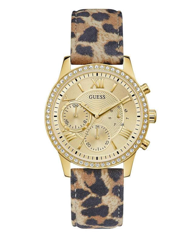 Guess Womens Gold-Tone Glitz Animal Print Genuine Leather Strap Multi-Function Watch, 40mm Product Image