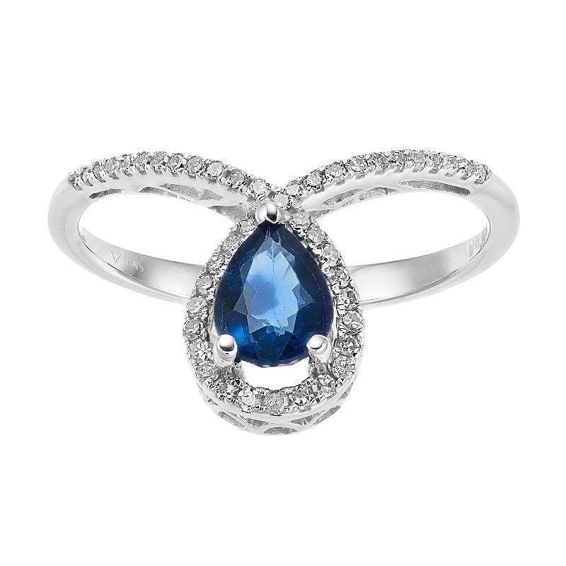 Gemminded 10k White Gold Sapphire Teardrop & 1/6 Carat T.W. Diamond Ring, Womens 10k Whgold Product Image