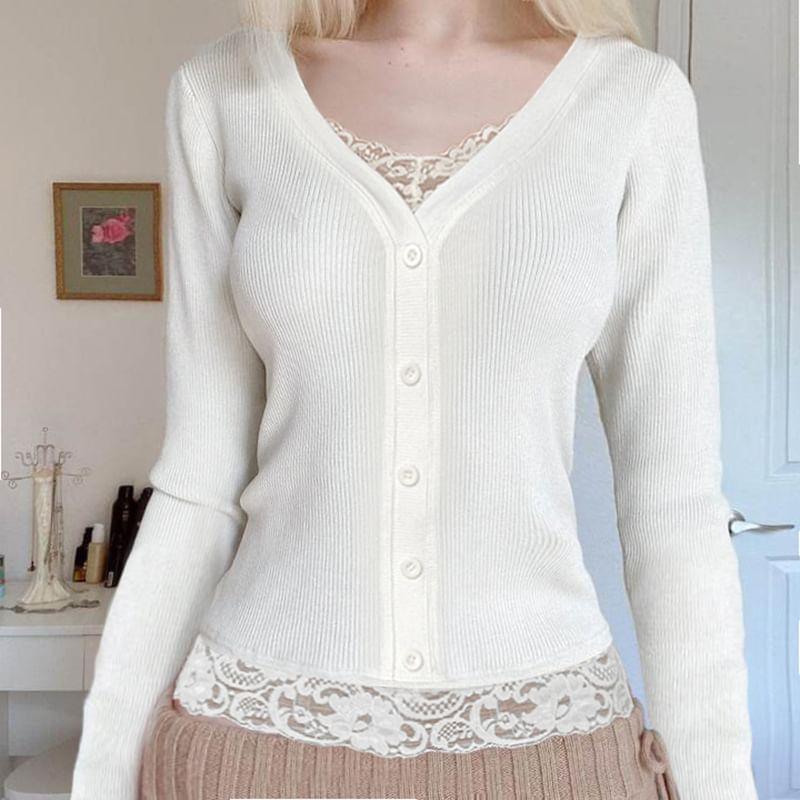 Long Sleeve V-Neck Mock Two Piece Button Panel Lace Top Product Image