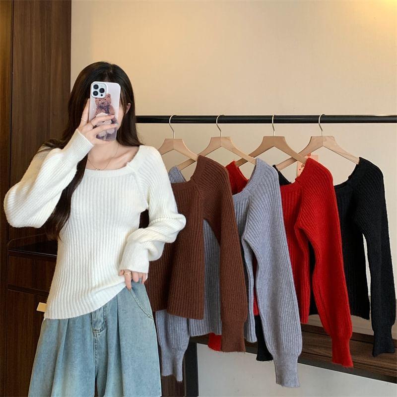 Scoop Neck Plain Ribbed Knit Sweater Product Image