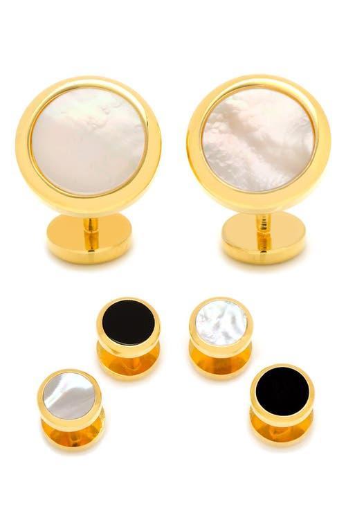 Mens 3-Piece Ox And Bull Trading Co. Double Sided Gold Mother Of Pearl Round Beveled Stud Set Product Image