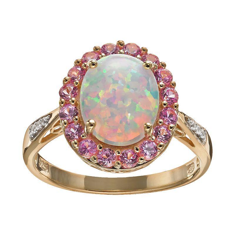 Lab-Created Opal and Lab-Created Sapphire 18k Gold Over Silver Oval Halo Ring, Womens Pink Product Image