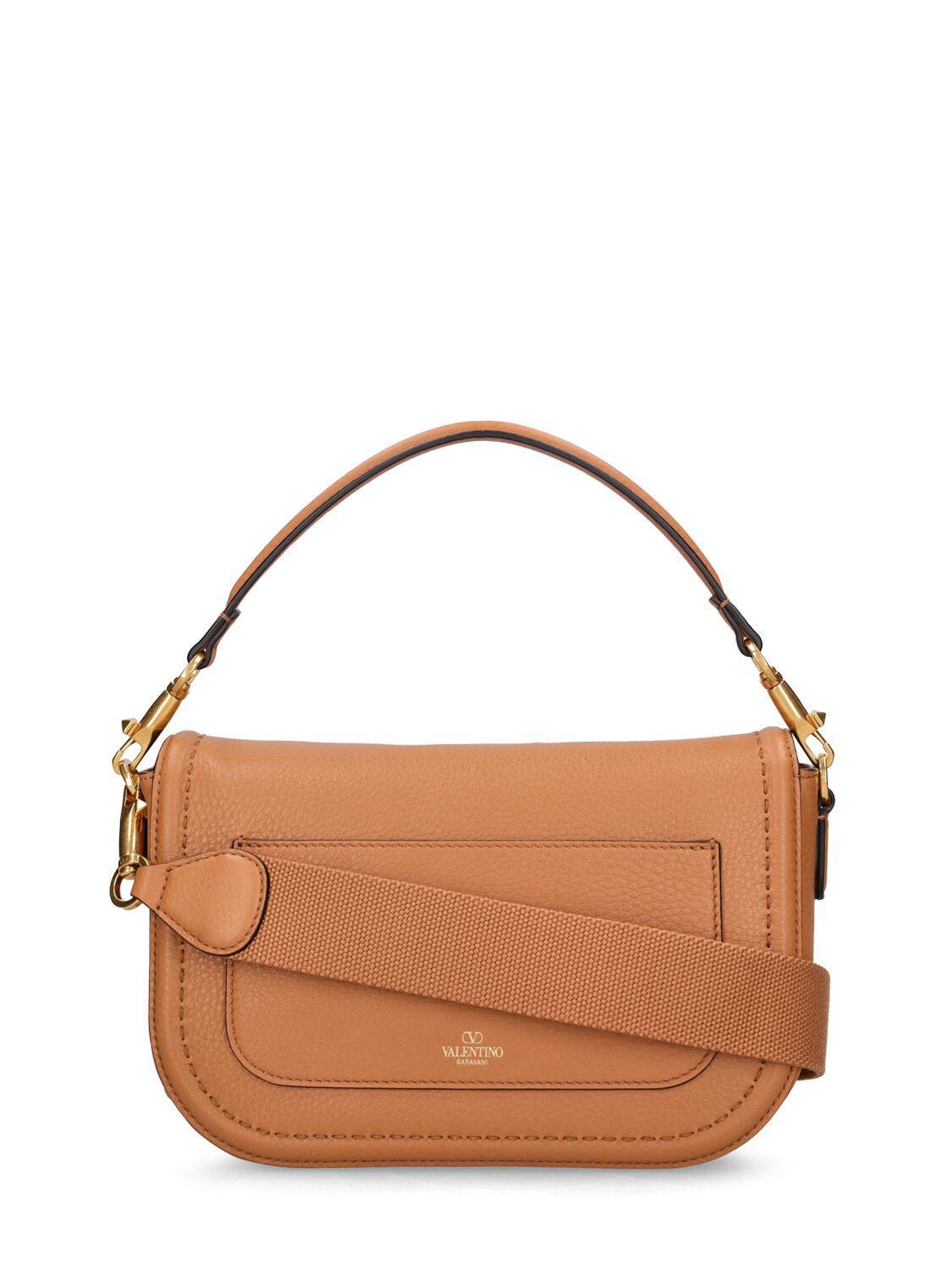 Structured Leather Shoulder Bag With Gold Hardware In Almond Beige Product Image