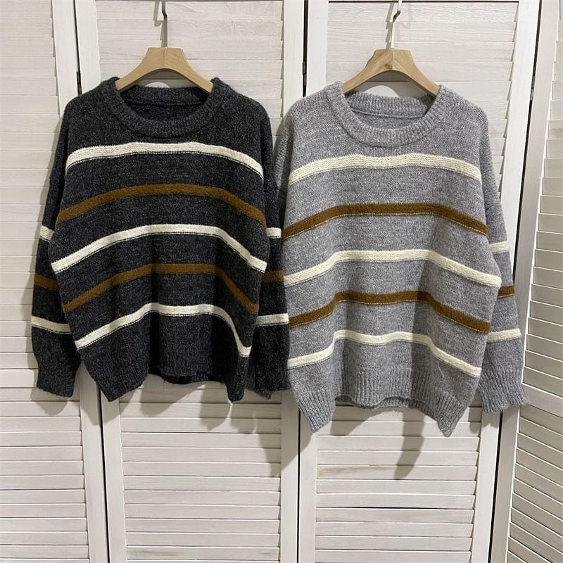 Round Neck Striped Oversized Sweater Product Image