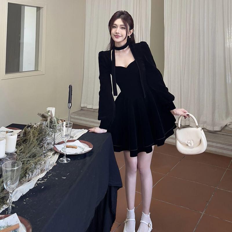 Set: Long-Sleeve Plain Velvet Mini A-Line Dress +  Scarf Product Image