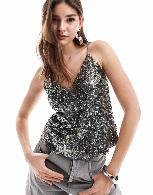 ASOS DESIGN sequin cami top in gunmetal gray Product Image