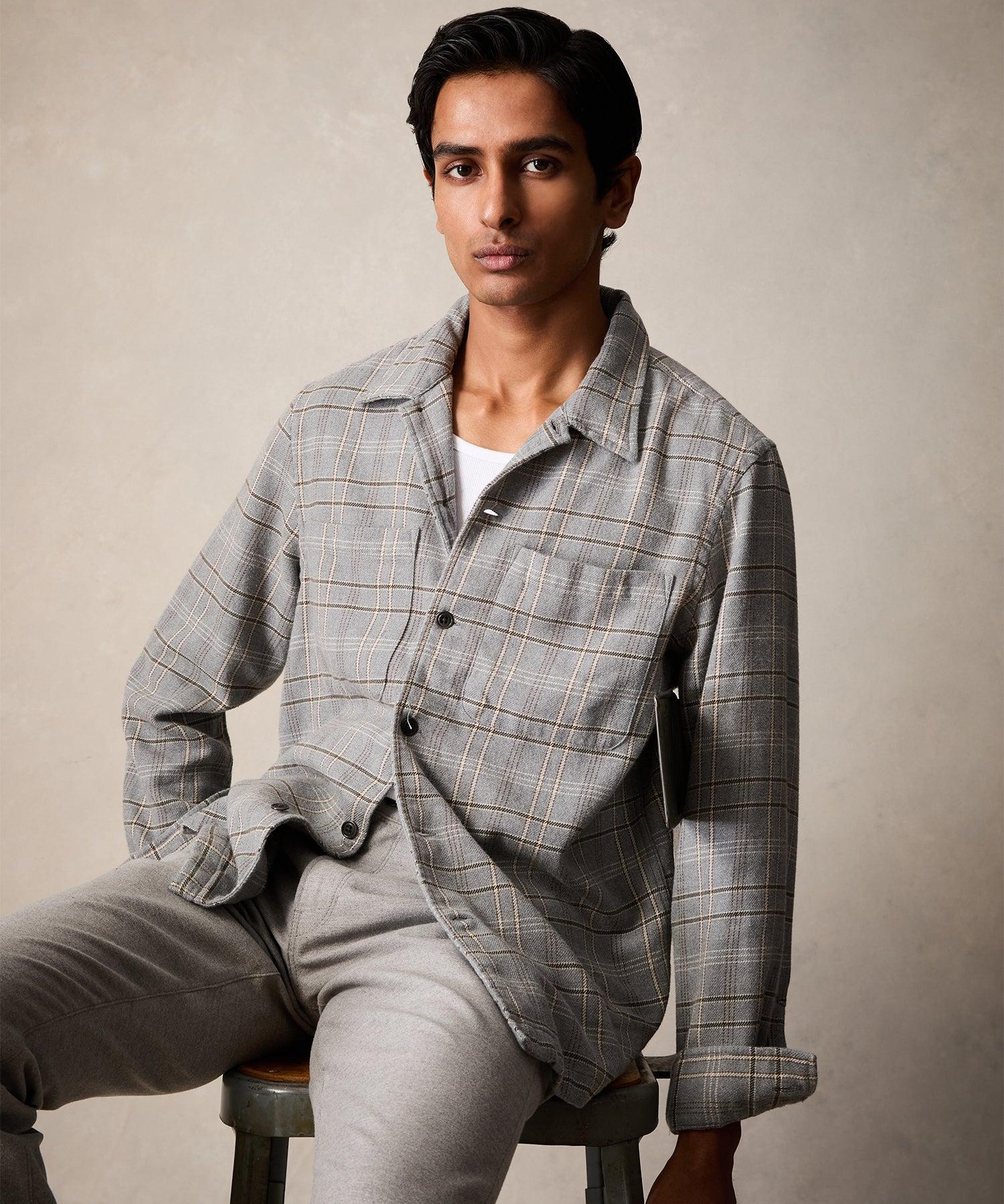 Relaxed Plaid Flannel Overshirt in Light Grey Product Image