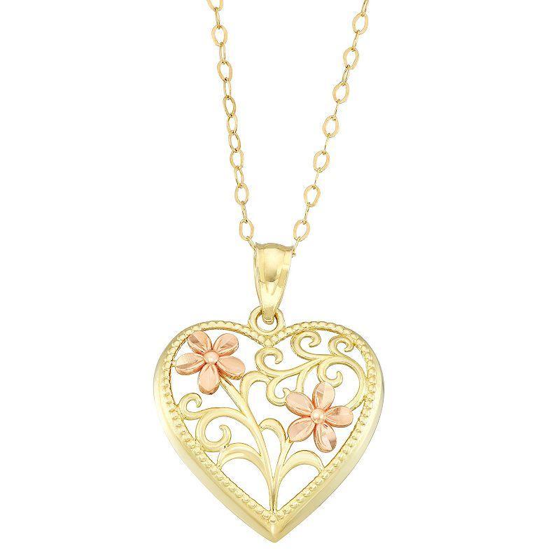 Two Tone 10k Gold Flower Filigree Heart Pendant Necklace, Womens Product Image