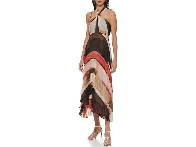 DKNY Sleeveless Print Chiffon Pleated Halter Dress (Amalfi Pink/Pristine ) Women's Clothing Product Image