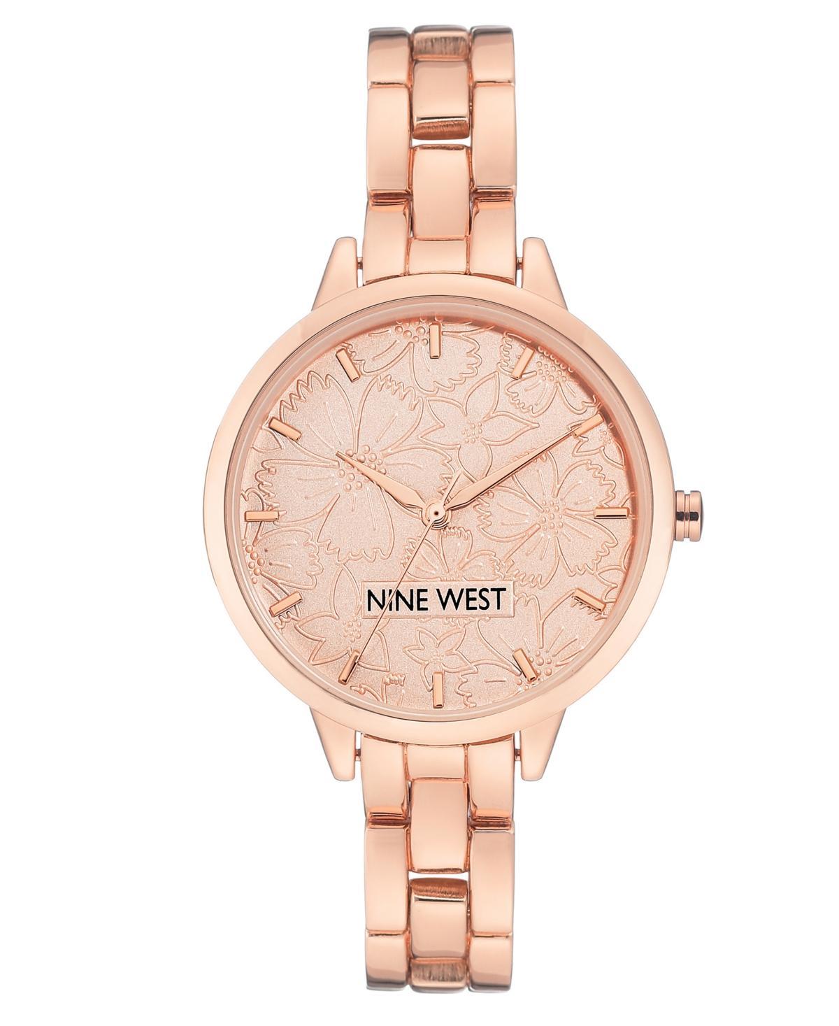 Nine West Womens Rose Gold Tone Bracelet Watch with Etched Flower Dial Pink Product Image