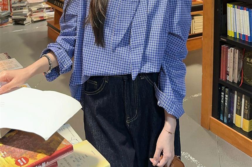 Long Sleeve Tie Neck Plaid Blouse Product Image