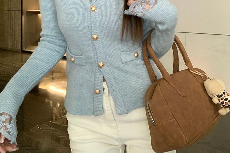 V-Neck Plain Lace Trim Button-Up Cardigan Product Image