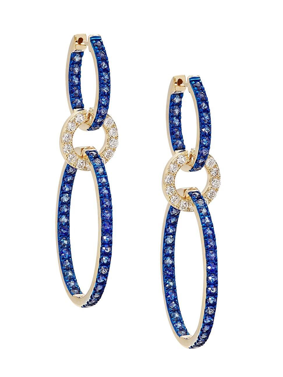 Womens 14K Yellow Gold, Blue Sapphire & 0.845 TCW Diamond Chain Earrings Product Image