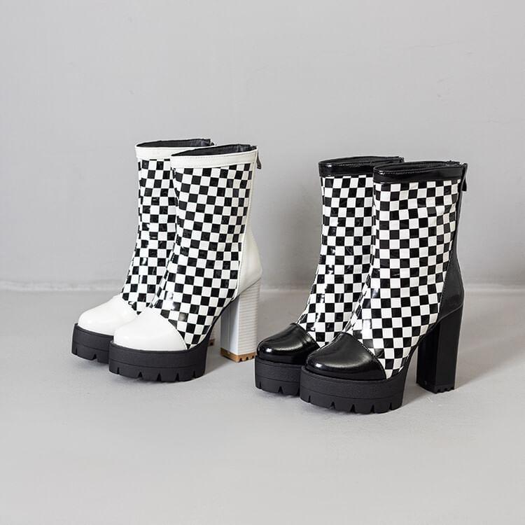 Block Heel Checkerboard Short Boots Product Image