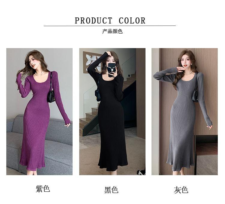 Long-Sleeve Scoop Neck Plain Ribbed Knit Midi Sheath Dress Product Image