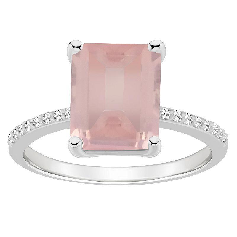 Alyson Layne Sterling Silver 10 mm x 8 mm Emerald Cut Gemstone & 1/10 Carat T.W. Diamond Ring, Womens, Pink Quartz Product Image