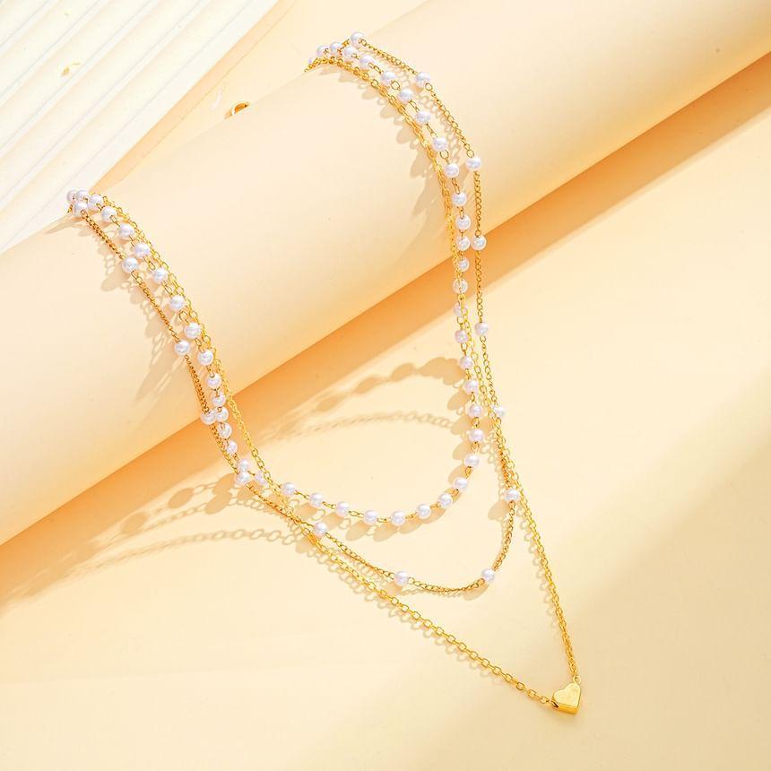 Heart Pendant Faux Pearl Layered Alloy Necklace Product Image