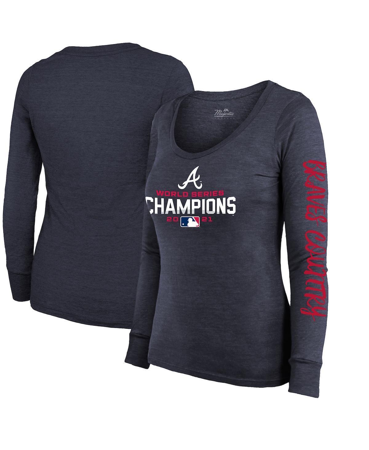 Womens Majestic Threads Navy Atlanta Braves 2021 World Series Champions Two-Hit Tri-Blend Long Sleeve Scoop Neck T-shirt Product Image