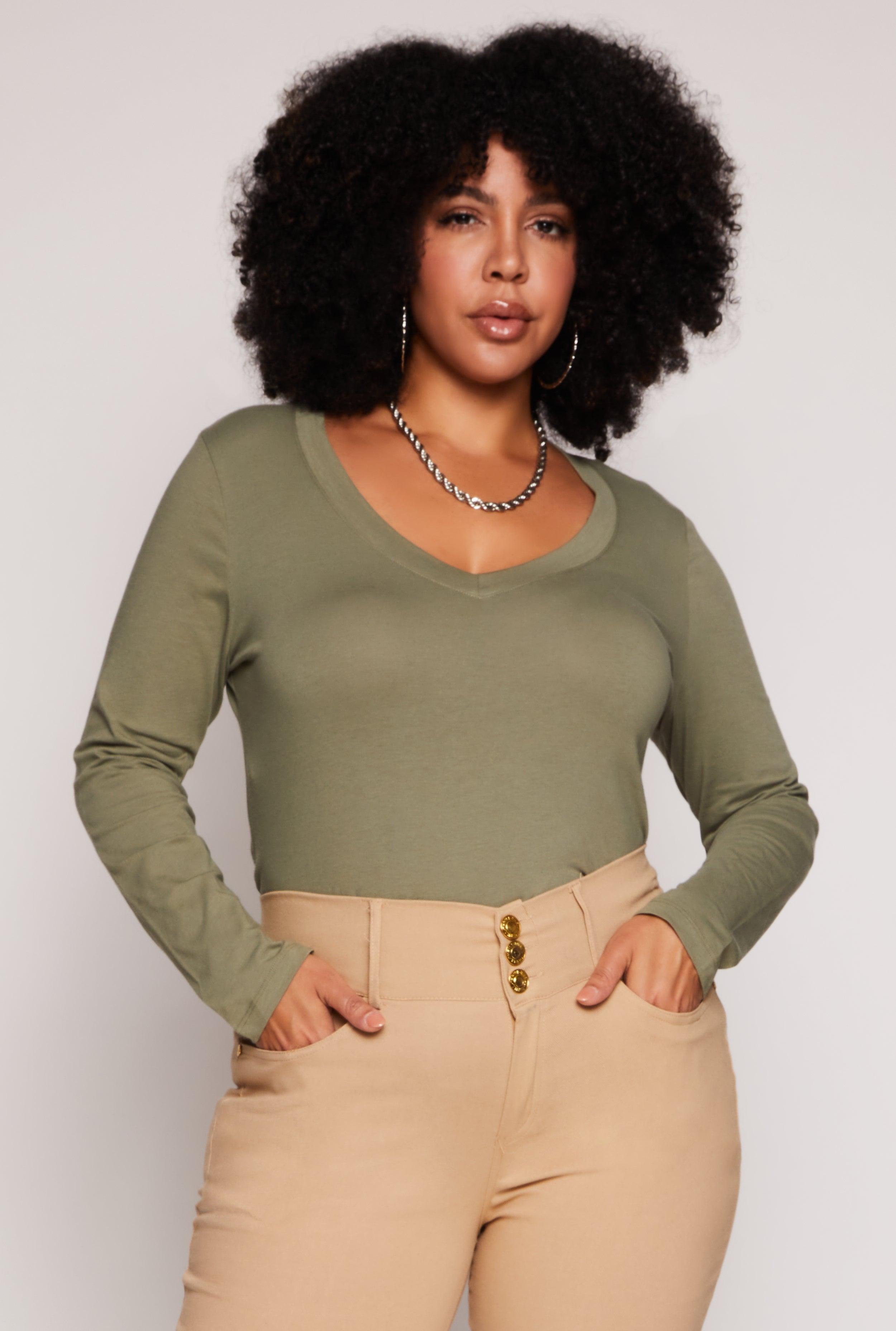 Womens Plus Size Basic Long Sleeve V Neck Tee Product Image