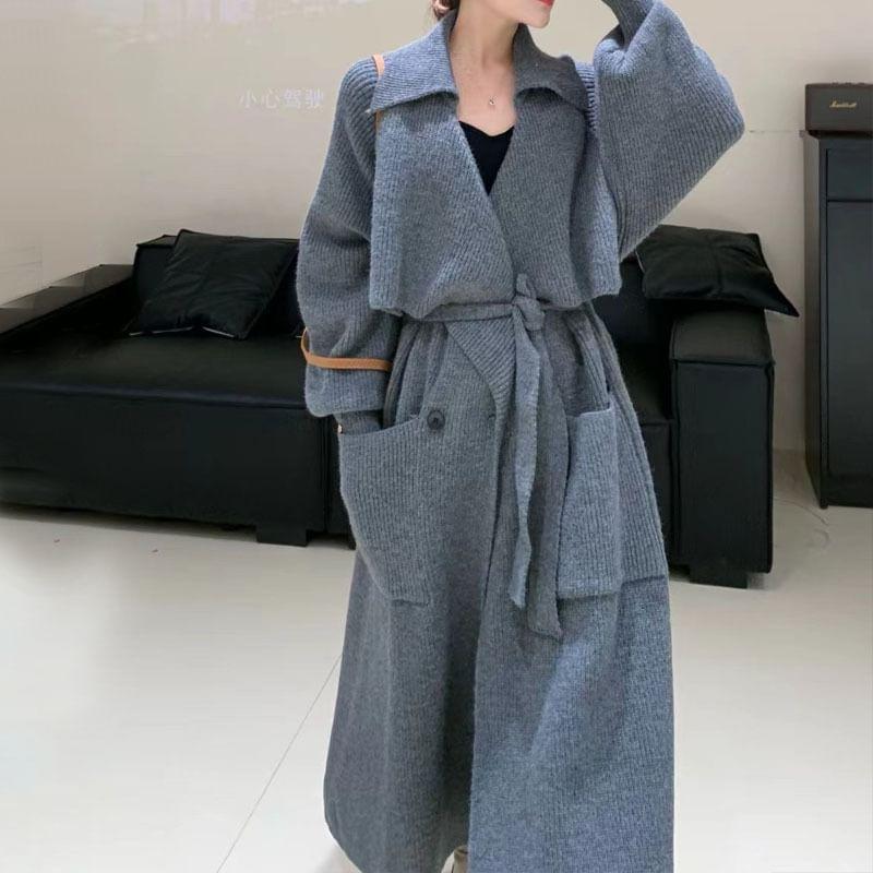 Lapel Collar Plain Tie Waist Long Knit Coat Product Image