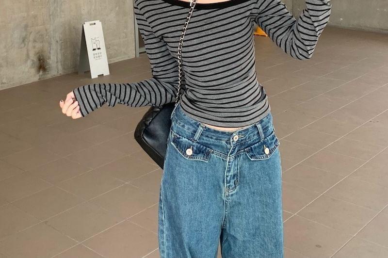 Long-Sleeve Off Shoulder Striped Crop Tee Product Image