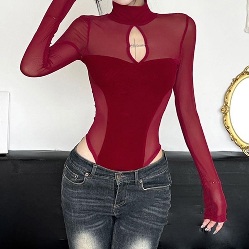 Long-Sleeve Mock Neck Cutout Mesh Bodysuit Top Product Image