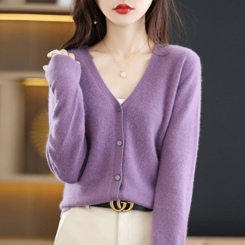 V-Neck Button-Up Plain Cardigan Product Image