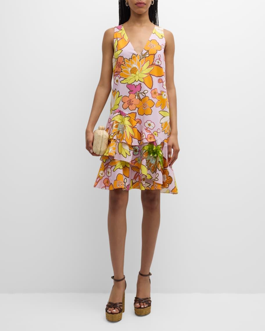 Sleeveless Floral-Print Ruffle Dress Product Image