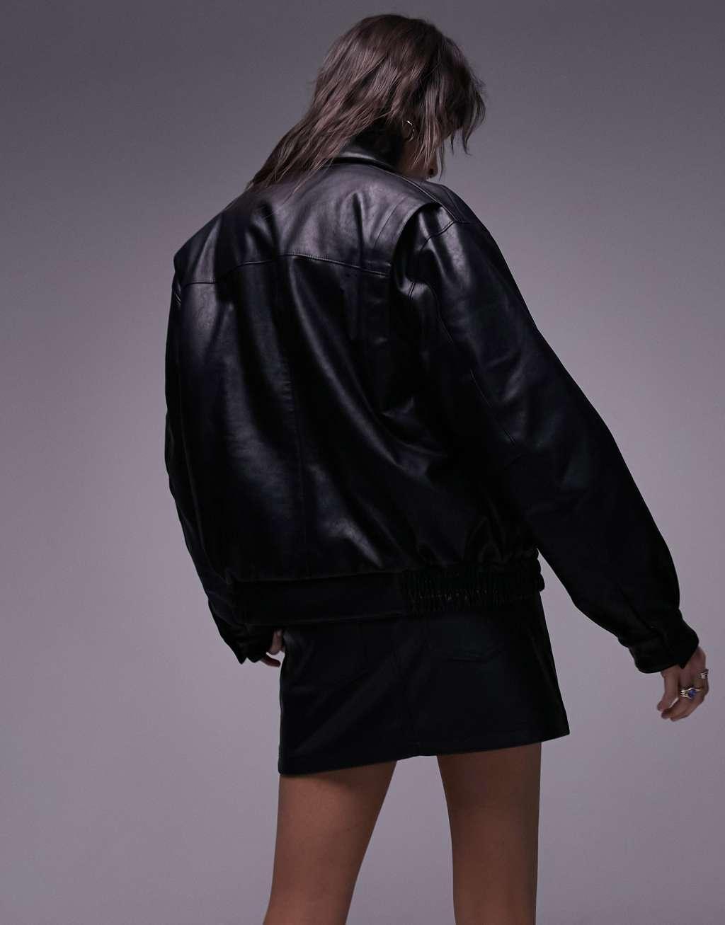 Topshop faux leather bomber jacket in black Product Image