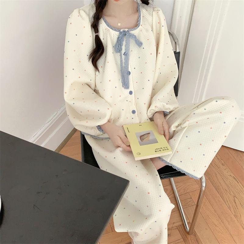 Pajama Set: Puff-Sleeve Dotted Lace Trim Button-Up Shirt + Pants Product Image