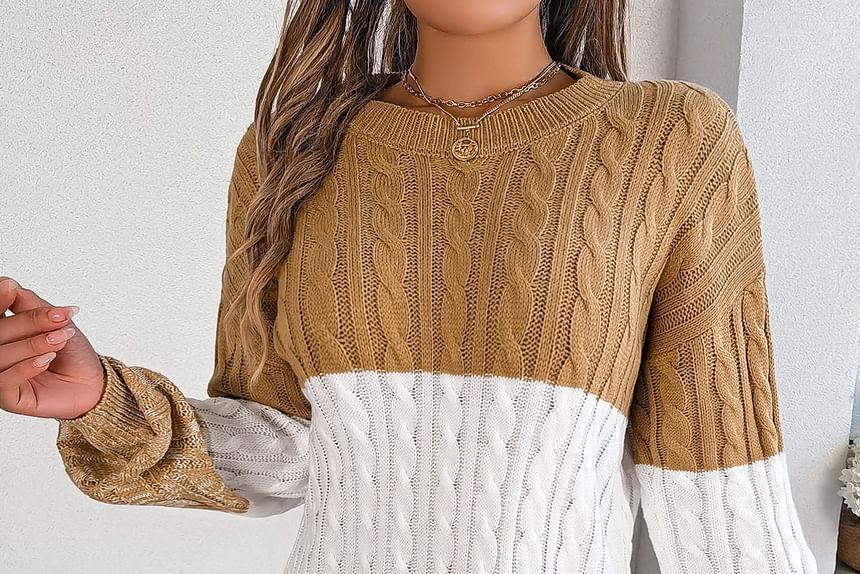 Crew Neck Color Block Cable Knit Mini Sheath Sweater Dress Product Image