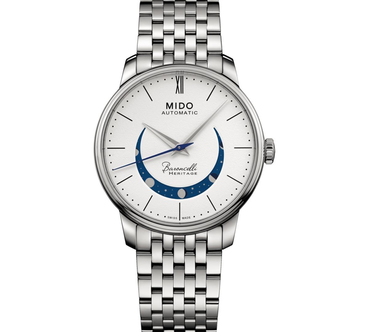 Mido Mens Swiss Automatic Baroncelli Smiling Moon Stainless Steel Bracelet Watch 39mm Product Image