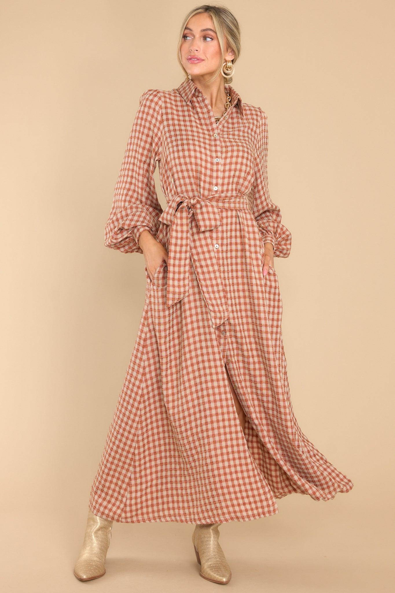 Aura Rustic Elegance Brick Plaid Maxi Dress Brown Product Image