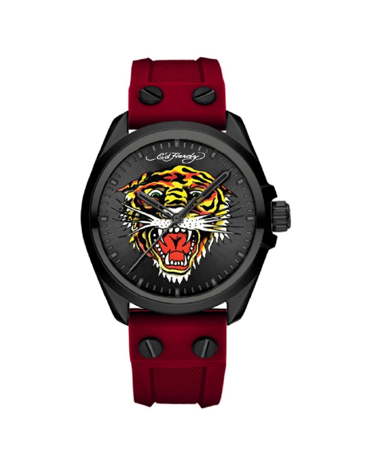 Ed Hardy Mens Matte Red Silicone Strap Watch 46mm - Black Sunray, Matte Red Product Image