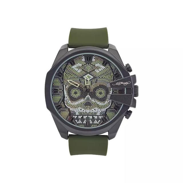 Ed Hardy Singles Mens Beaded Skull Dial/Matte Olive Silicone Strap Analog Watch, Green Product Image