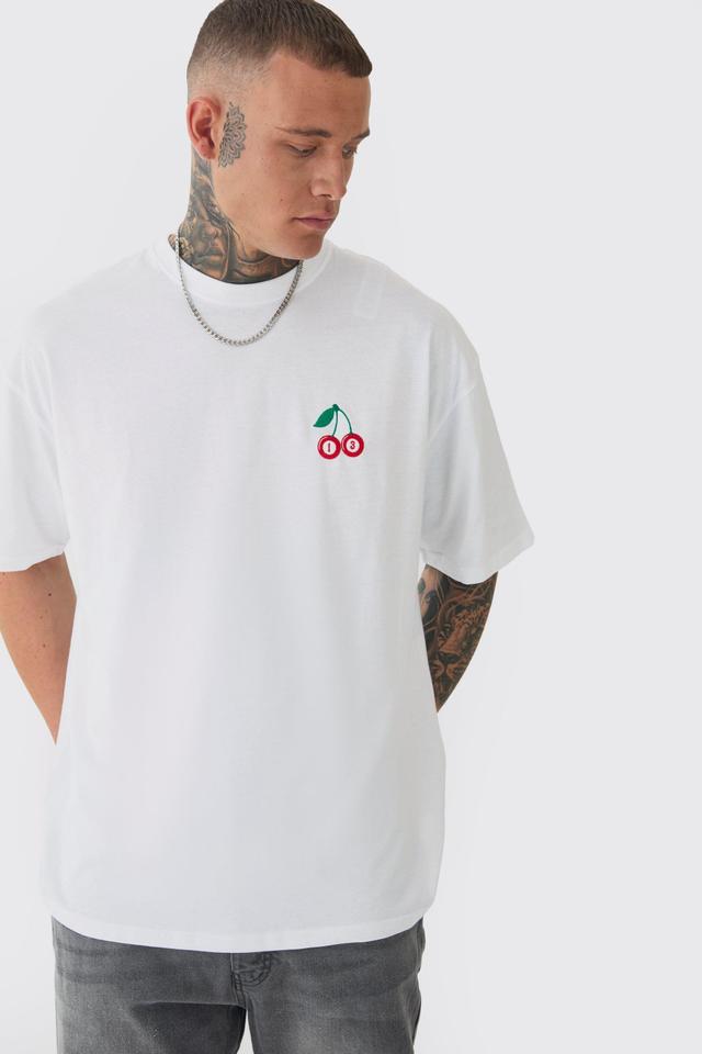 Tall Oversized Tall Cherry Embroidered T-shirt In White | boohooMAN USA Product Image