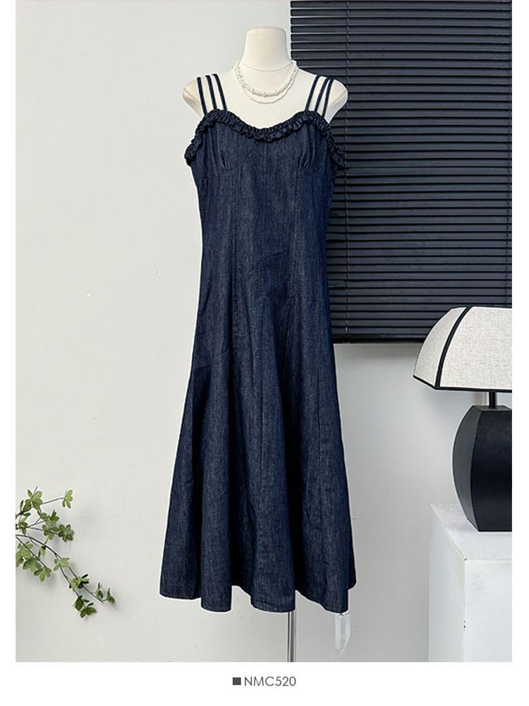 Sleeveless Ruffle-Trim Denim A-Line Maxi Dress Product Image