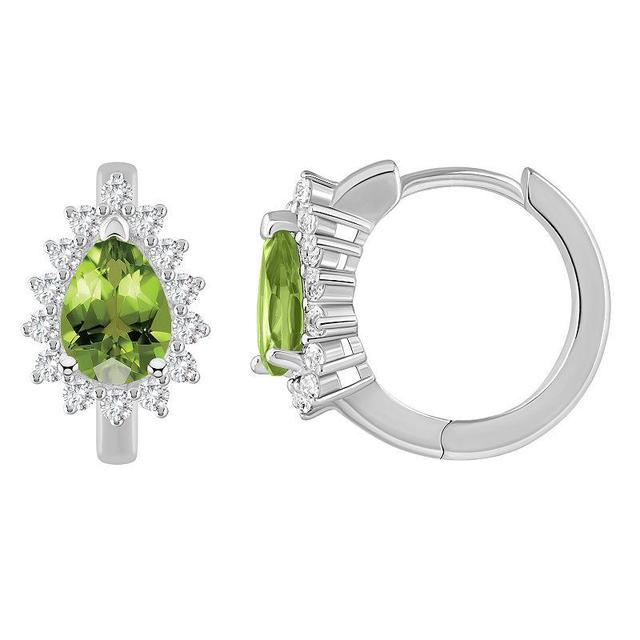 Celebration Gems Sterling Silver Pear Shape Gemstone & White Topaz Halo Huggie Hoop Earrings, Womens, Peridot Product Image