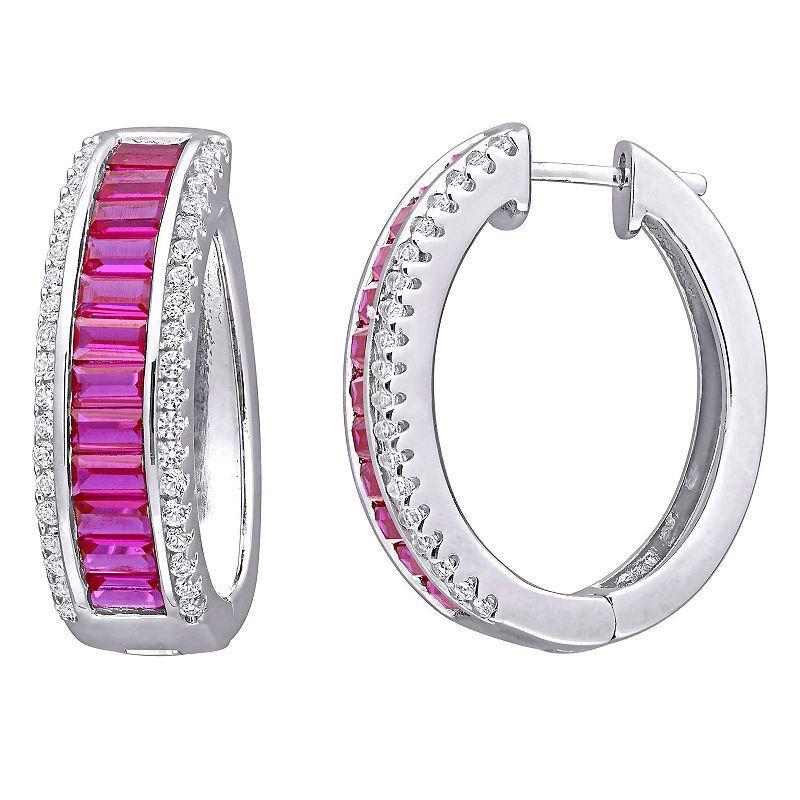 Stella Grace Sterling Silver Lab-Created Ruby & Lab-Created White Sapphire Hoop Earrings, Womens Product Image