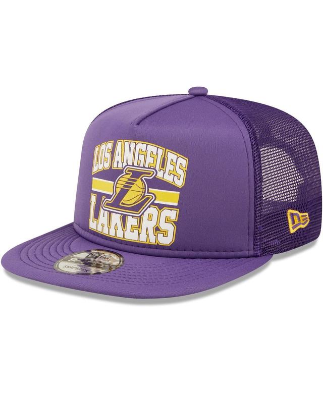 Mens New Era Purple Los Angeles Lakers Logo A-Frame 9Fifty Trucker Snapback Hat Product Image