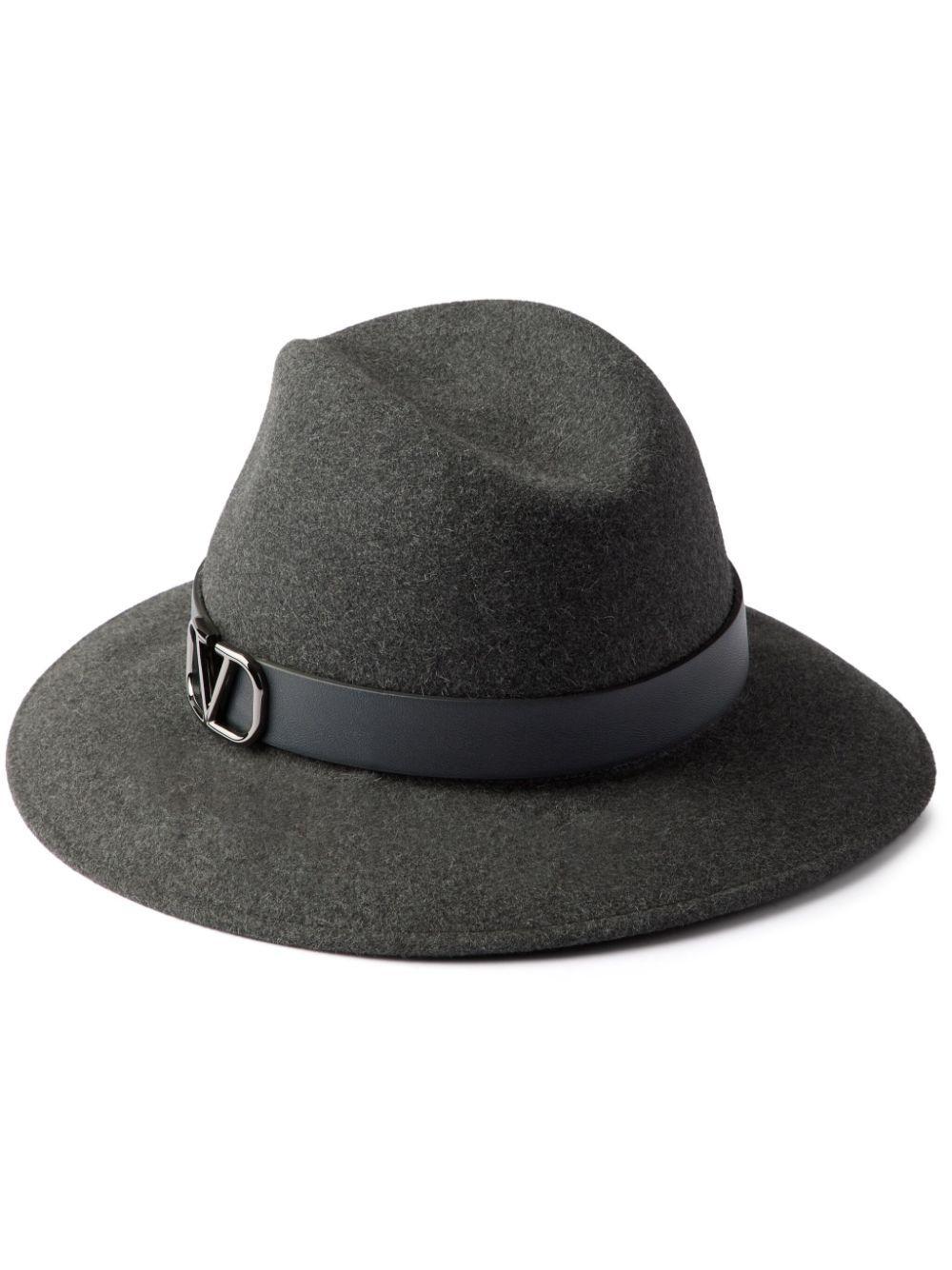 VALENTINO GARAVANI Vlogo Signature Rabbit Fur And Leather Fedora Hat Woman Dark Grey 58 Product Image