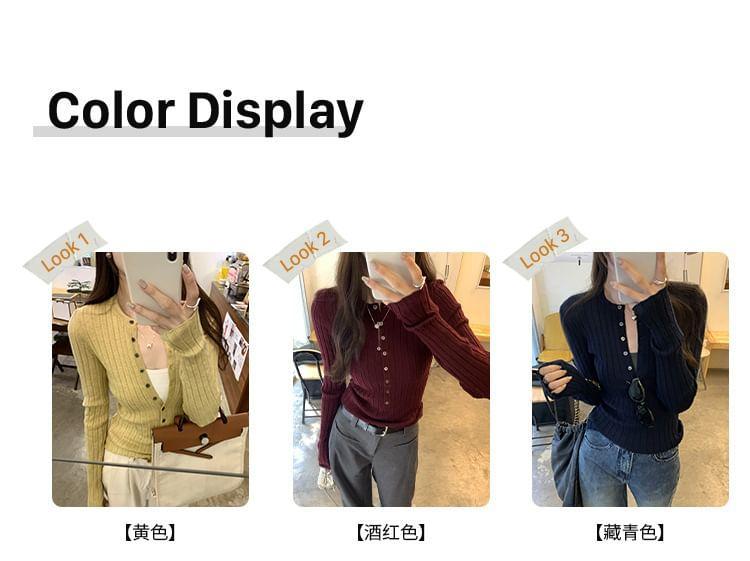 Long-Sleeve Crew Neck Plain Half-Buttoned Slim Fit Knit Top Product Image