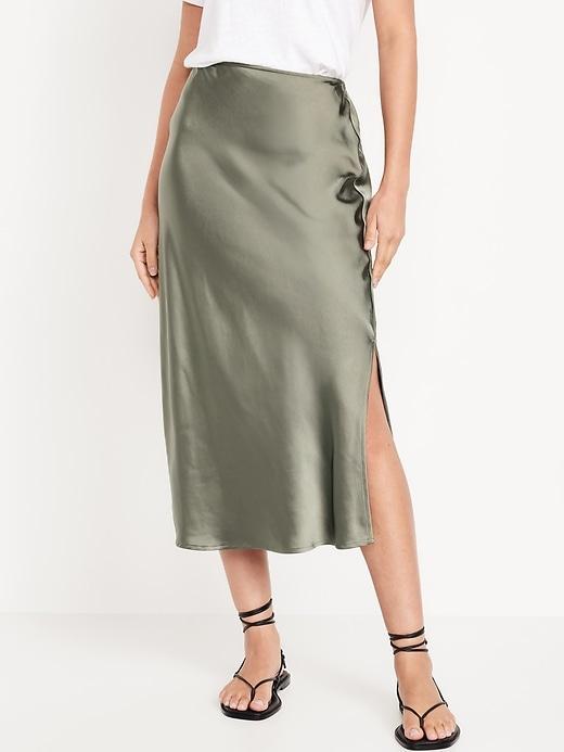 High-Waisted Satin Midi Slip Skirt Product Image