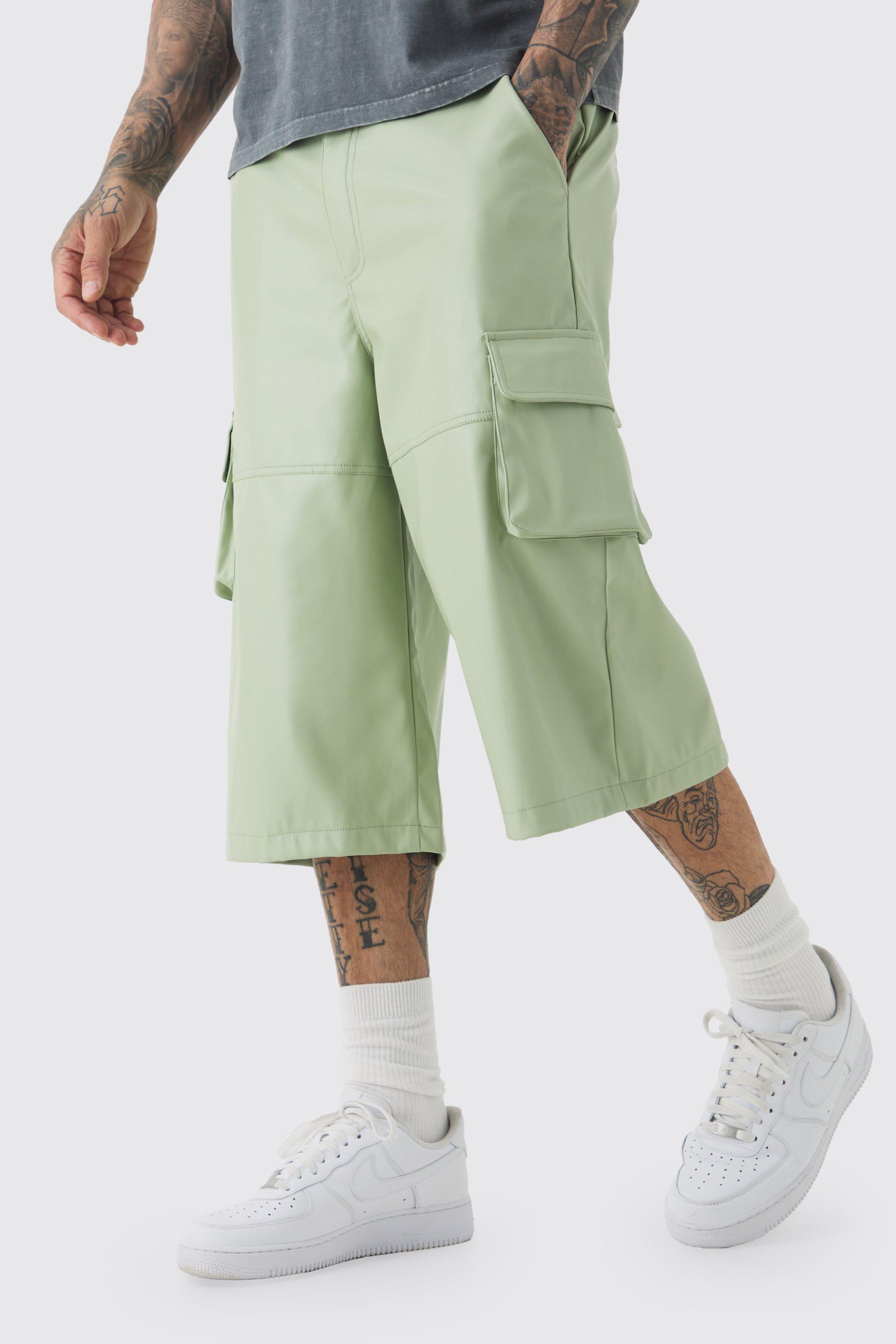 Mens Green Tall Fixed Waist PU Panels Cargo Jorts, Green Product Image